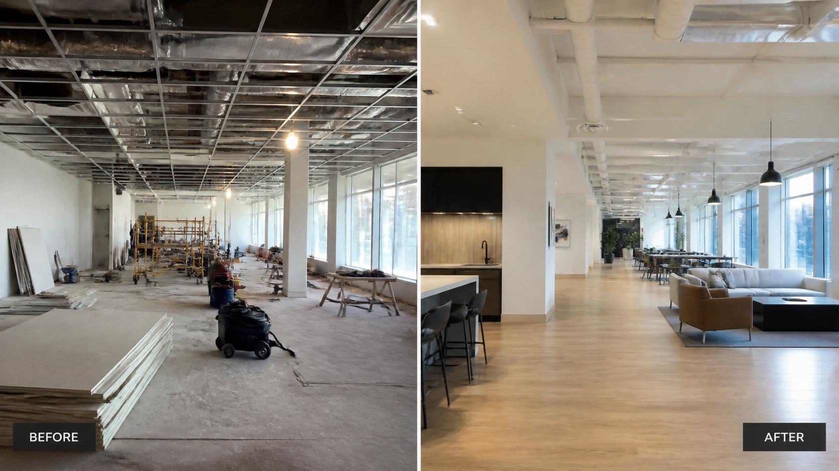 Before and after comparison of a construction site transformation to clean space i n builders cleaning