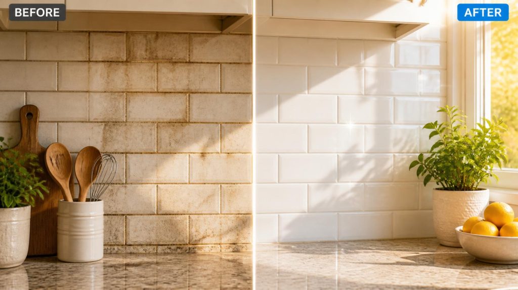 Before and after comparison of cleaned kitchen tile backsplash with restored white grout