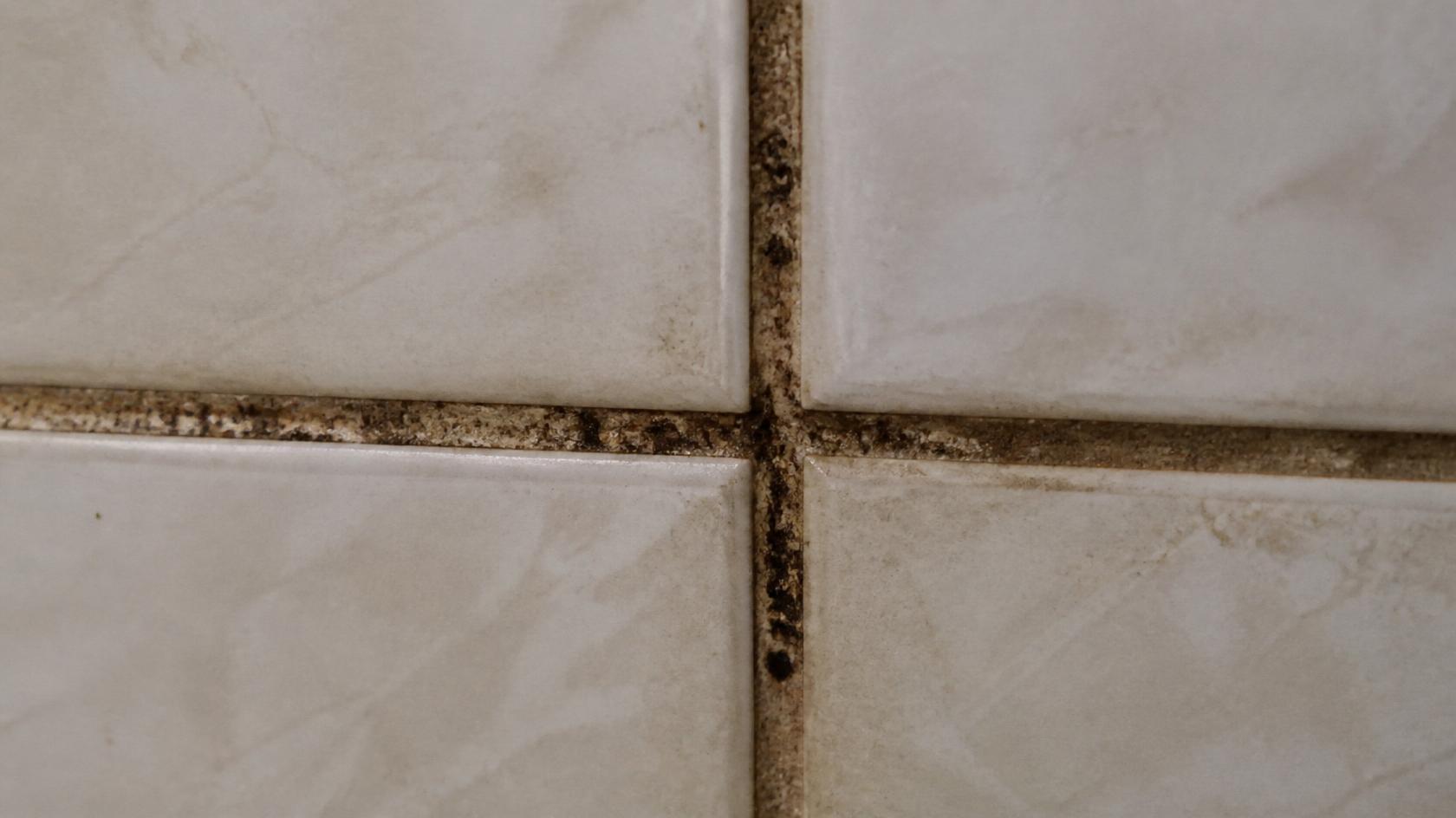 Discolored grout lines on bathroom tiles showing brown and grey stains