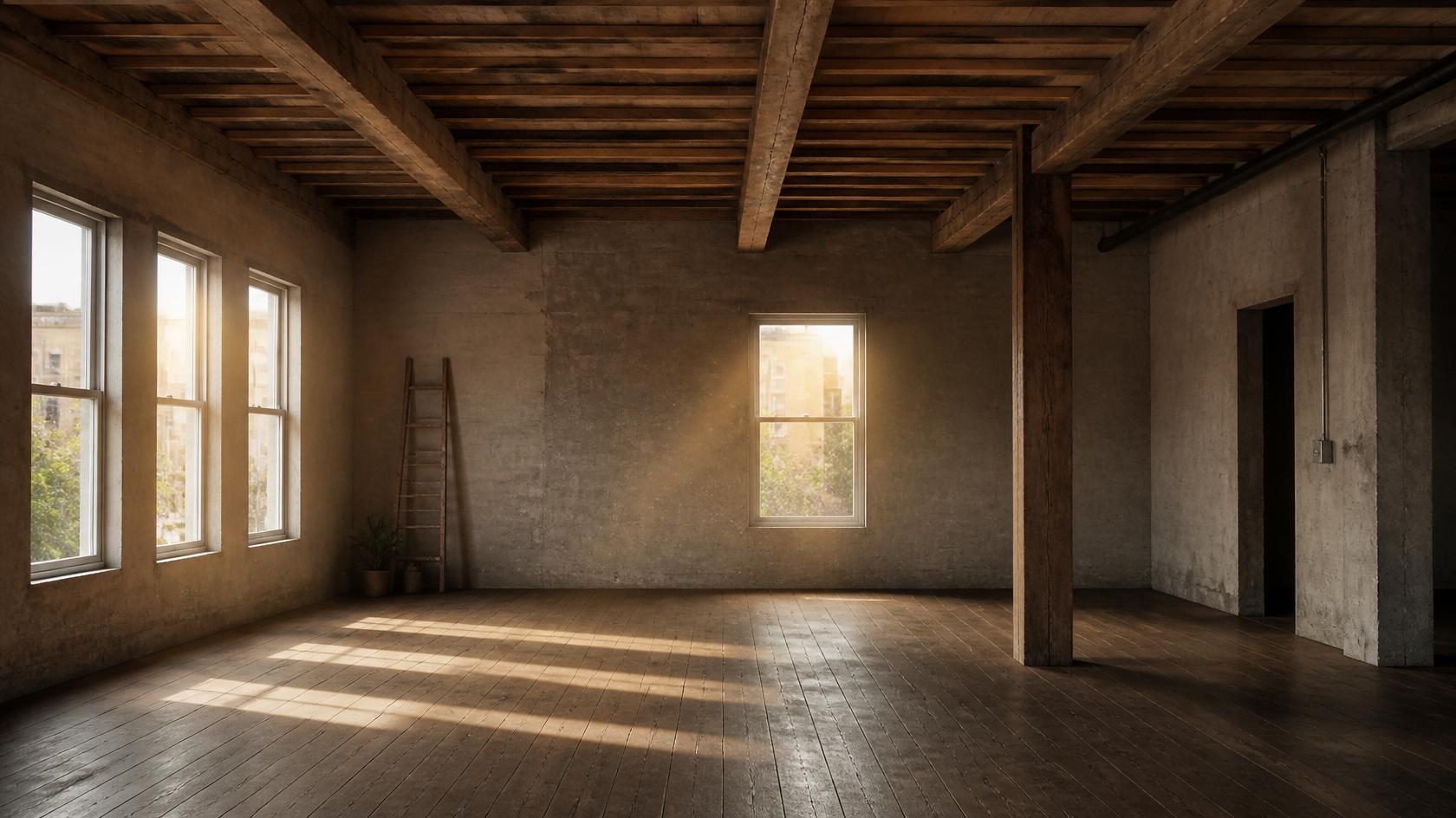 Newly constructed interior space with visible construction dust and unfinished surfaces before completion of builder's cleaning