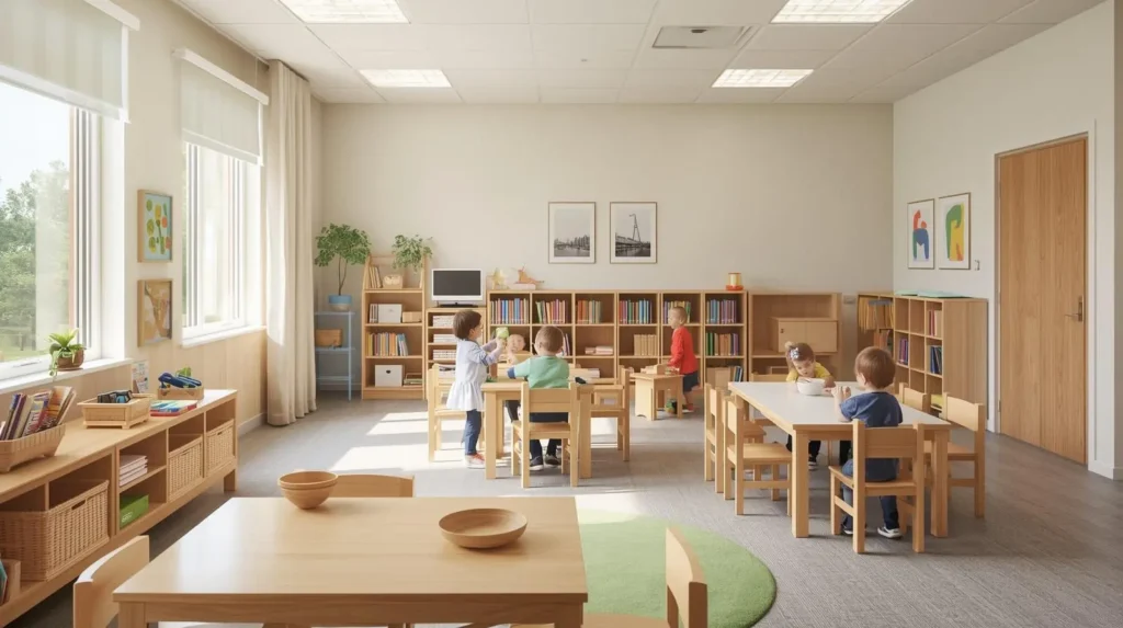 Professional commercial childcare cleaning in a facility with eco-friendly products