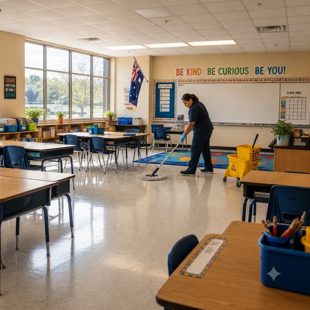 Professional cleaner mopping an empty classroom after school hours in glen waverly
