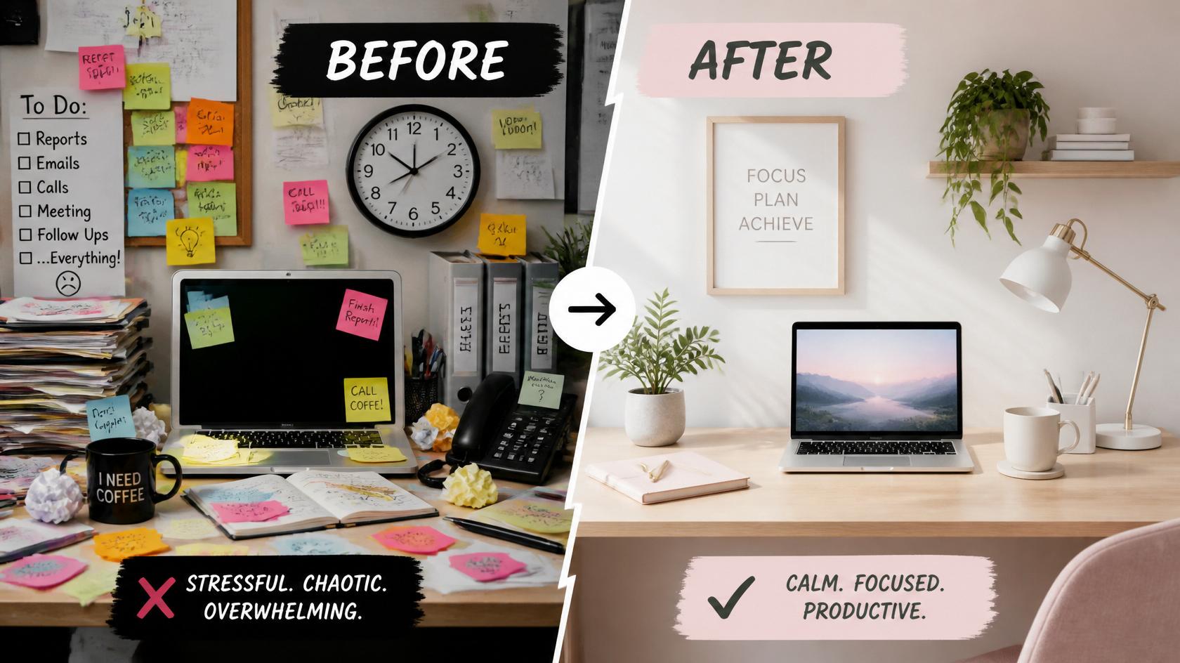 Before and after comparison of office desk transformation from cluttered to clean and organized