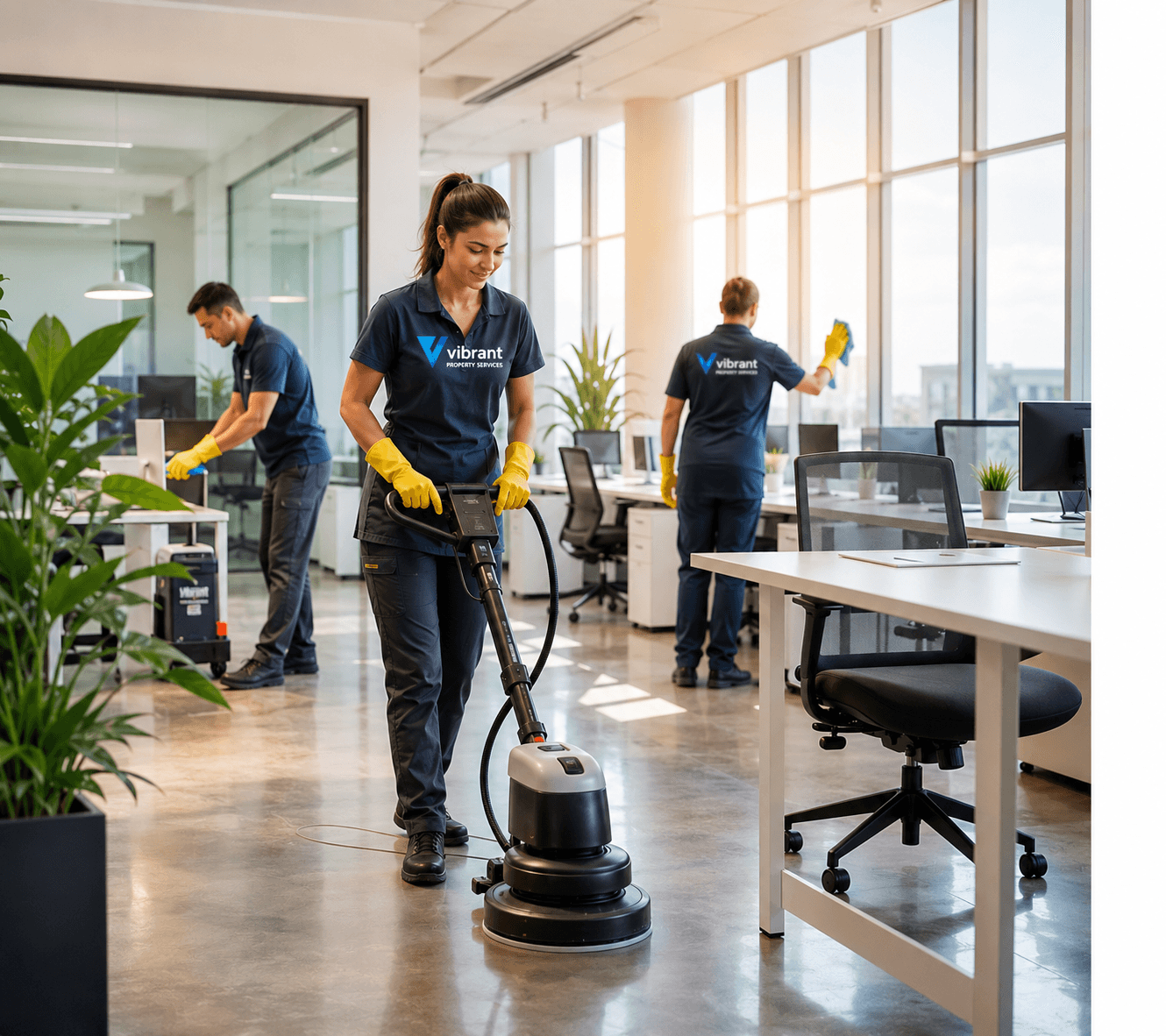 Professional office cleaning team sanitizing and organizing a modern workspace with natural morning light in Boxhill