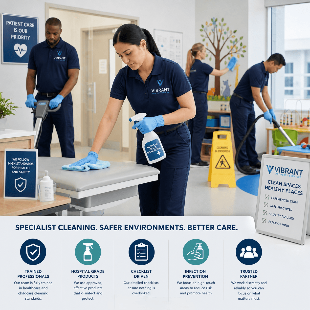Professional cleaning team performing specialist medical center cleaning in a medical or healthcare facility environment in clyde