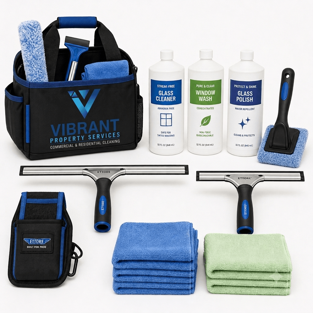 Window cleaning toolkit including squeegees and cleaners arranged neatly by Vibrant Property services