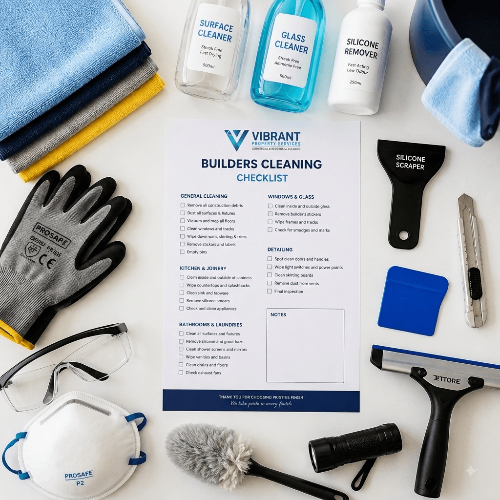 Organized collection of professional builders cleaning tools, supplies, and a checklist document
