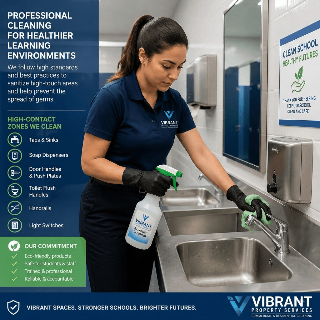 Professional cleaning of school bathroom facilities focusing on high-touch surfaces - School Cleaning